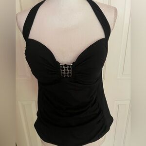 Jantzen Tankini Top Black Gathered Halter Black/Silver Metal Front Design Size L